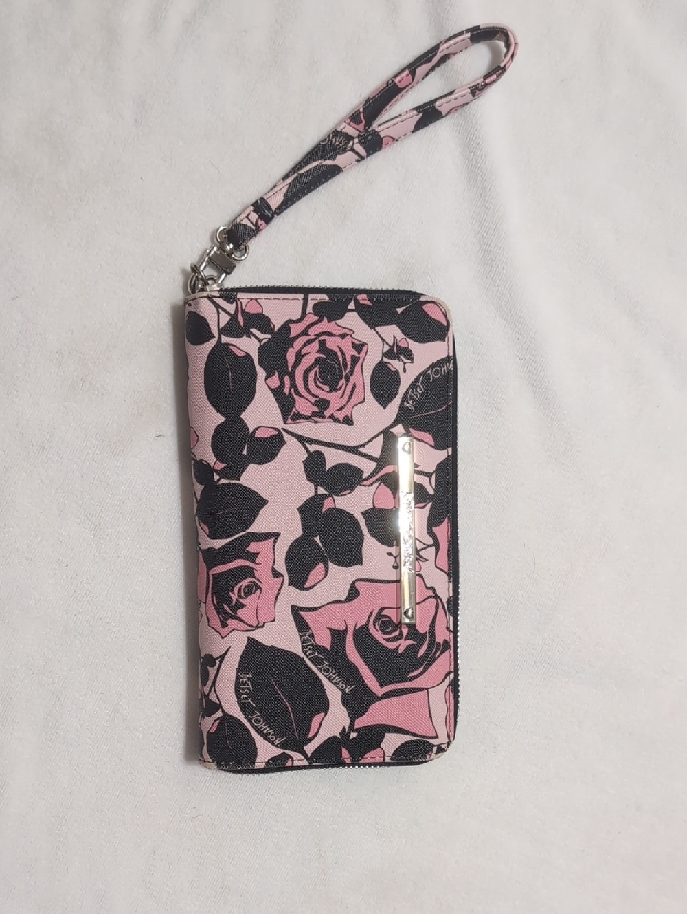 Betsey Johnson Pink and Black Rose Wristlet Wallet